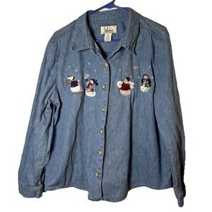 C.J. Banks 1X Denim Chambray Christmas Shirt Snowman Embroidered Button Up Women
